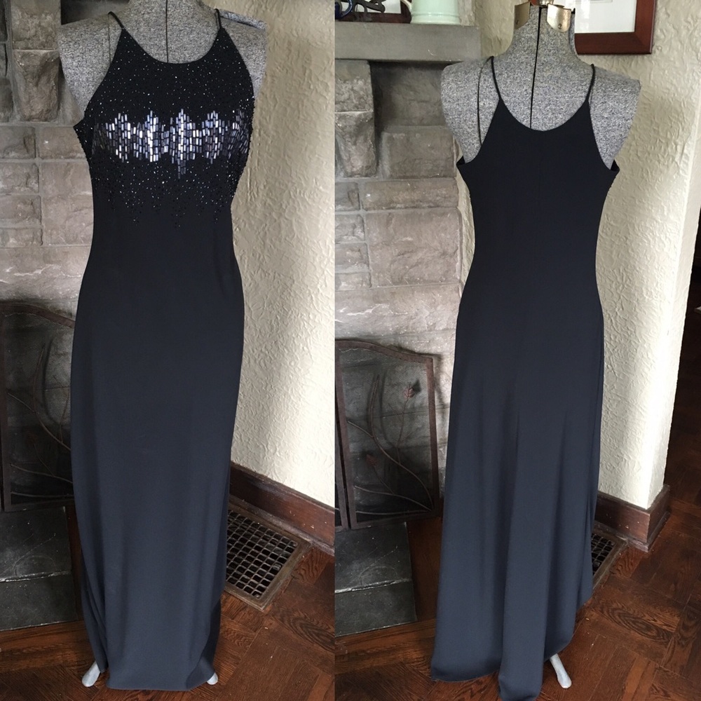 Vintage 90s Beaded Black Floor Length Formal Dress